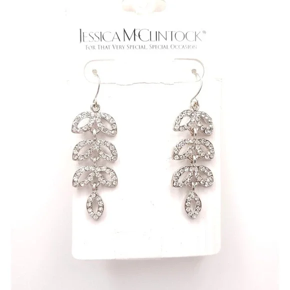 Jessica McClintock Laurel Leaf Earrings Silver Rhinestone Drop - Picture 2 of 6